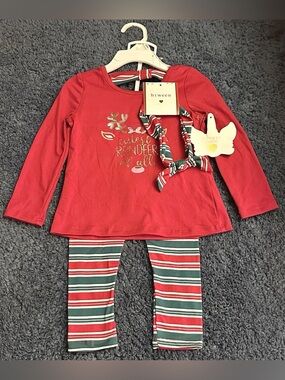 Btween Baby Girl 24M Red/Green Graphic T-Shirt & Pants w/ Headband 2pc Set NWT